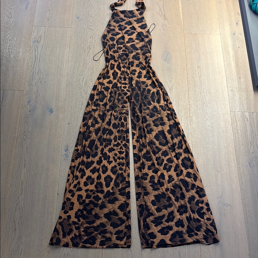 Halter-Neck Leopard Print Wide-Leg Jumpsuit - Brown/Black